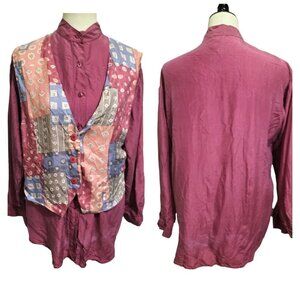 (913)Backroad Blues Vtg 80's Long Sleeve Silk Shirt with Attached Vest Size M